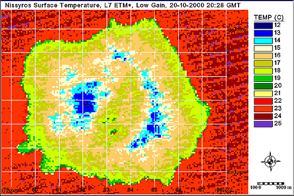 LANDSAT 7 Surface Temperature Map of Nisyros Island<BR>(October 20, 2002)